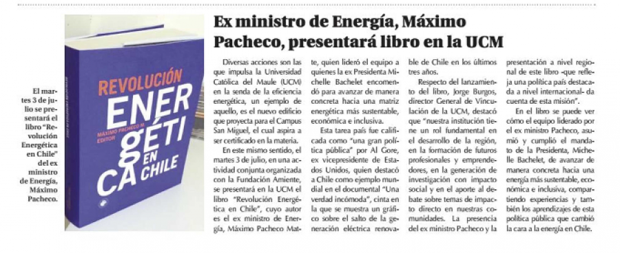 01 de julio en Diario El Centro: “Ex ministro de Energía, Máximo Pacheco, presentará libro en la UCM”