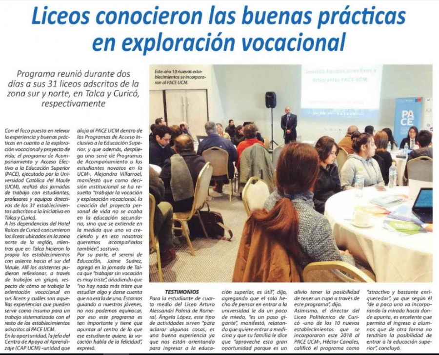 02 de julio en Diario El Centro: “Liceos conocieron las buenas prácticas en exploración vocacional”