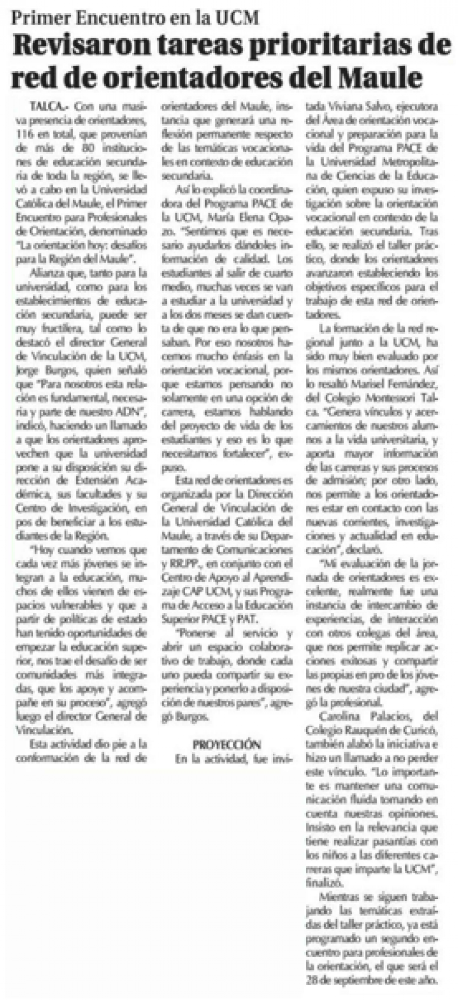 03 de junio en Diario El Centro: ” Revisaron tareas prioritarias de red de orientadores del Maule”