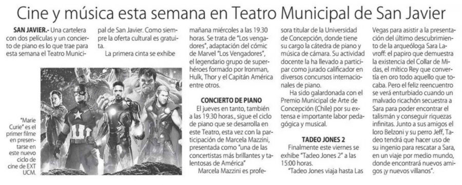 05 de junio en Diario El Centro: “Cine y música esta semana en Teatro Municipal de San Javier”