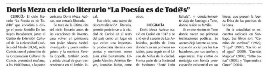05 de julio en Diario El Centro: “Doris Meza en ciclo literario La Poesía es de Tod@s”