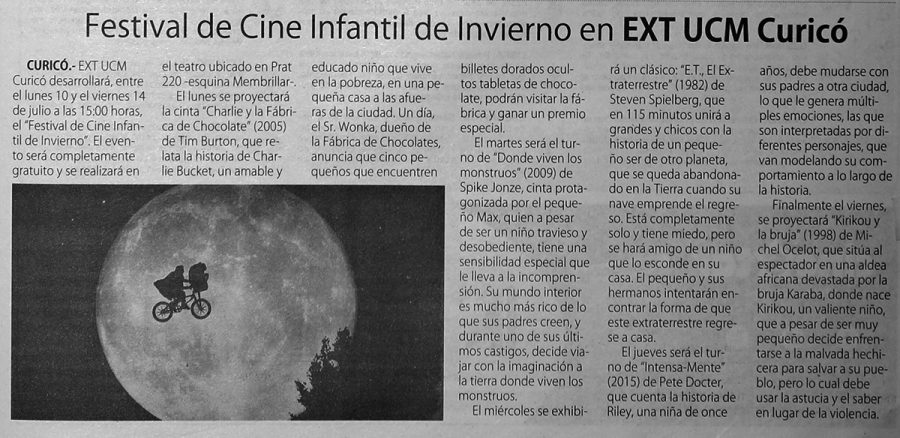 10 de julio en Diario El Centro: “Festival de Cine Infantil de Invierno en EXT UCM Curicó”