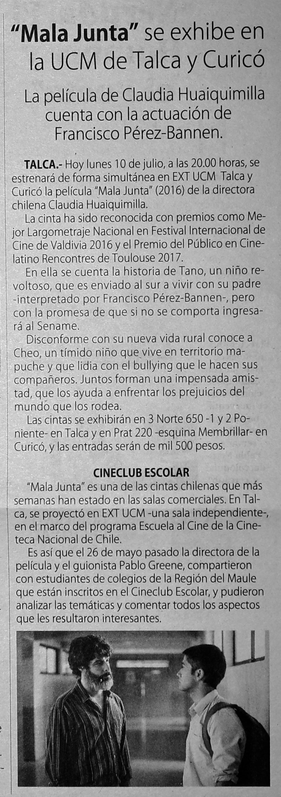 10 de julio en Diario El Centro: “Mala Junta se exhibe en la UCM de Talca y Curicó”