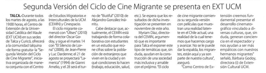 12 de agosto en Diario El Centro: “Segunda Versión del Ciclo de Cine Migrante se presenta en EXT UCM”