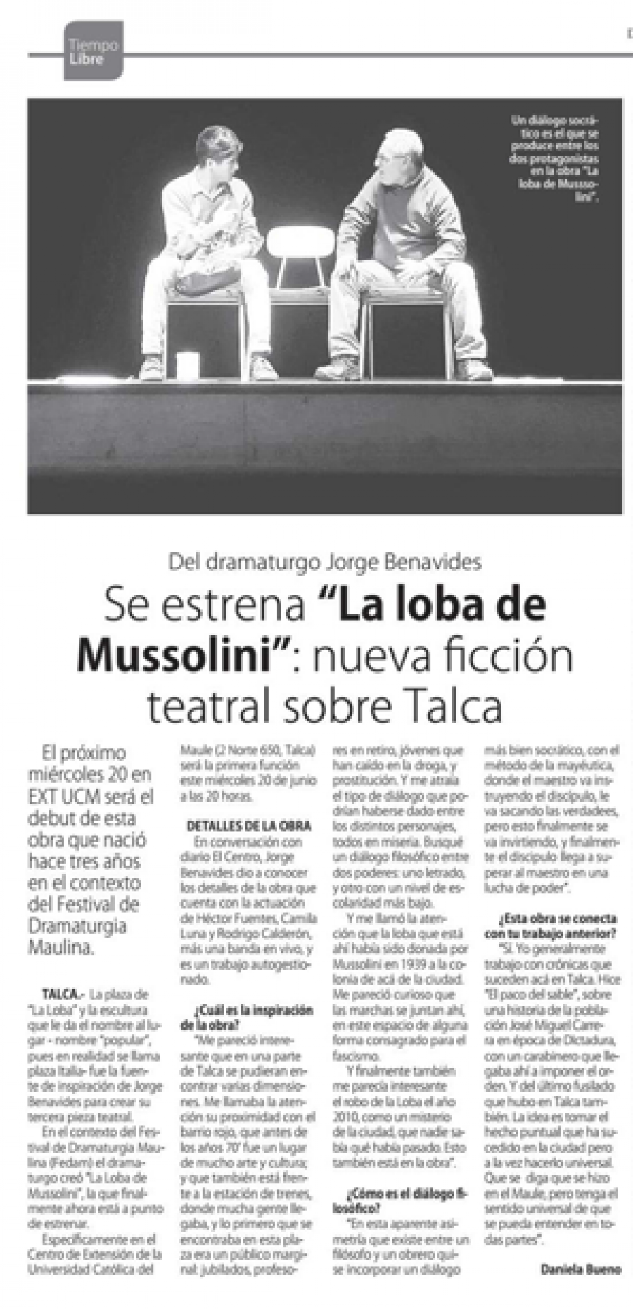 17 de junio en Diario El Centro: “Se estrena “La loba de Mussolini”: nueva ficción teatral sobre Talca”