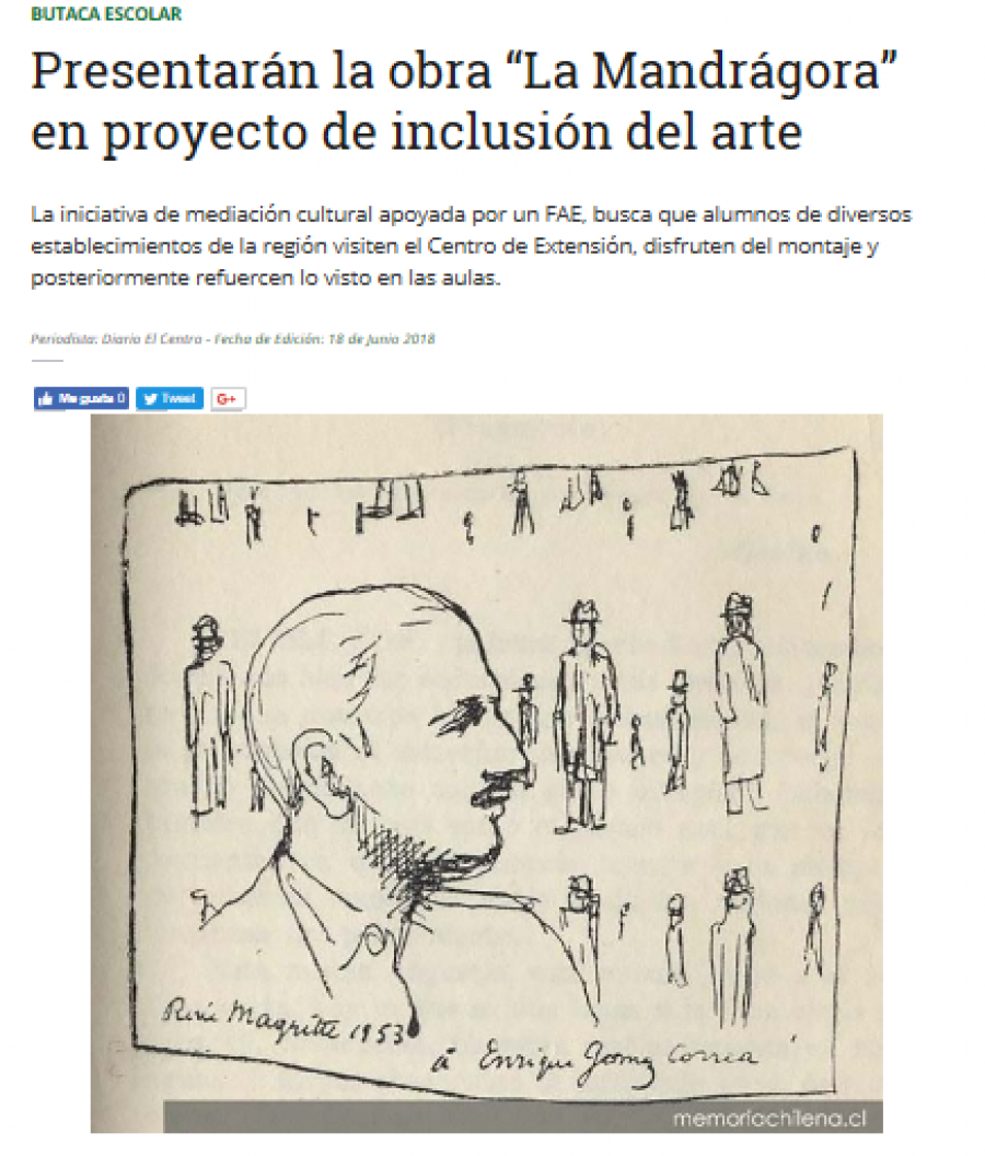 17 de junio en Diario El Centro: “Presentarán la obra “La Mandrágora” en proyecto de inclusión del arte”