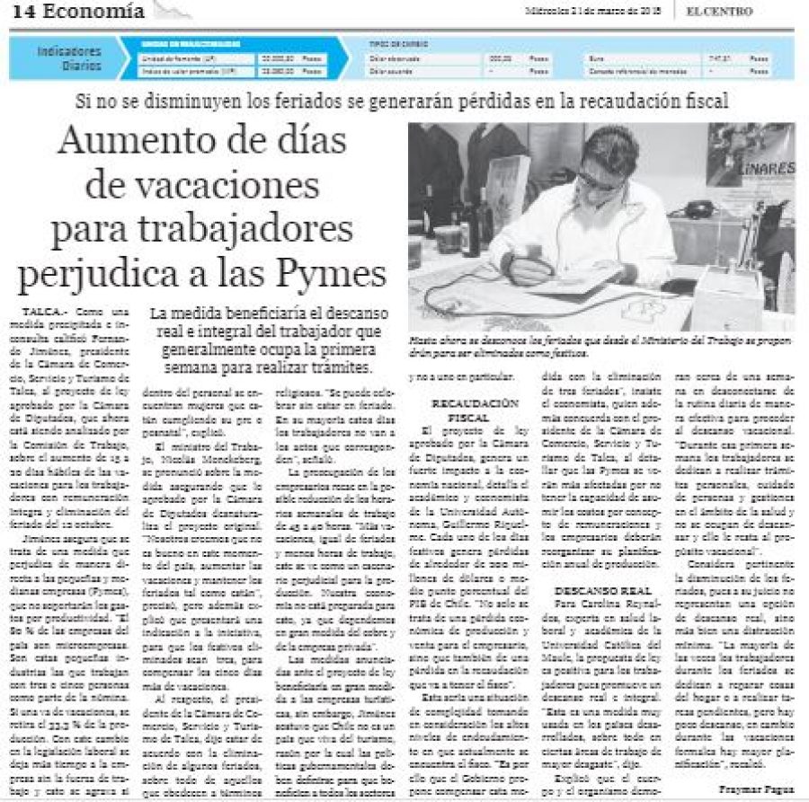 21 de marzo en Diario El Centro: “Aumento de días de vacaciones para trabajadores perjudica a las Pymes”