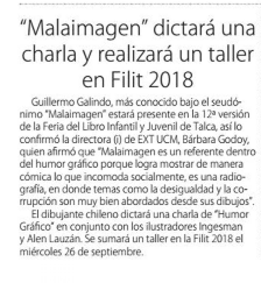 22 de agosto en Diario El Centro: “Malaimagen” dictará una Charla y realizará un taller en Filit 2018”