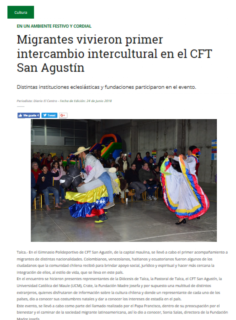 23 de junio en Diario El Centro: “Migrantes vivieron primer intercambio intercultural en el CFT San Agustín”