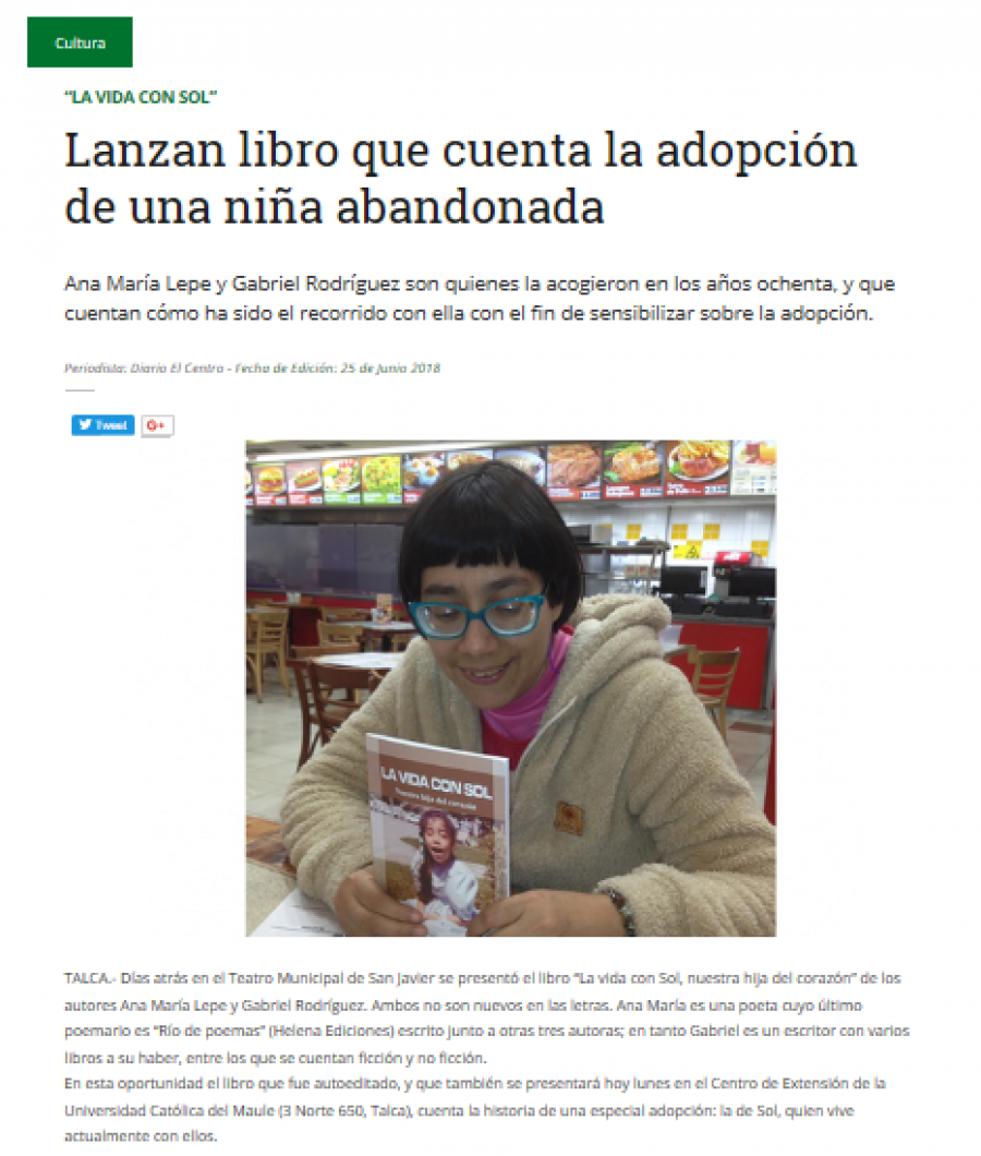 23 de junio en Diario El Centro: “Lanzan libro que cuenta la adopción de una niña abandonada”