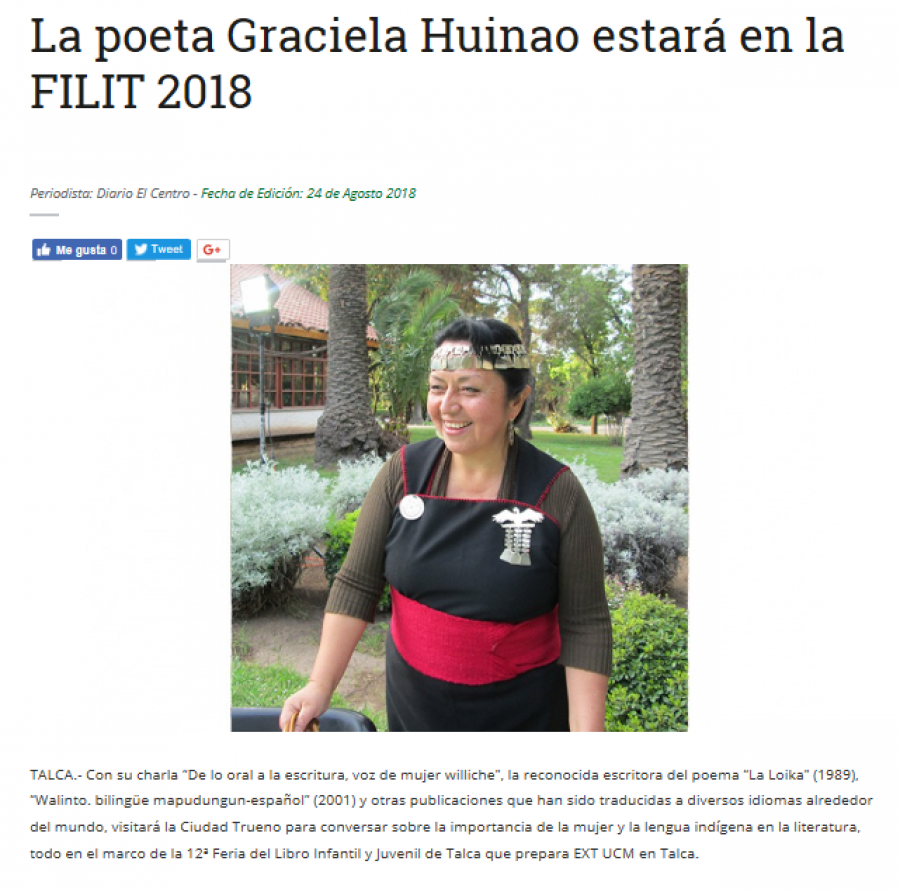 23 de agosto en Diario El Centro: “La poeta Graciela Huinao estará en la FILIT 2018”