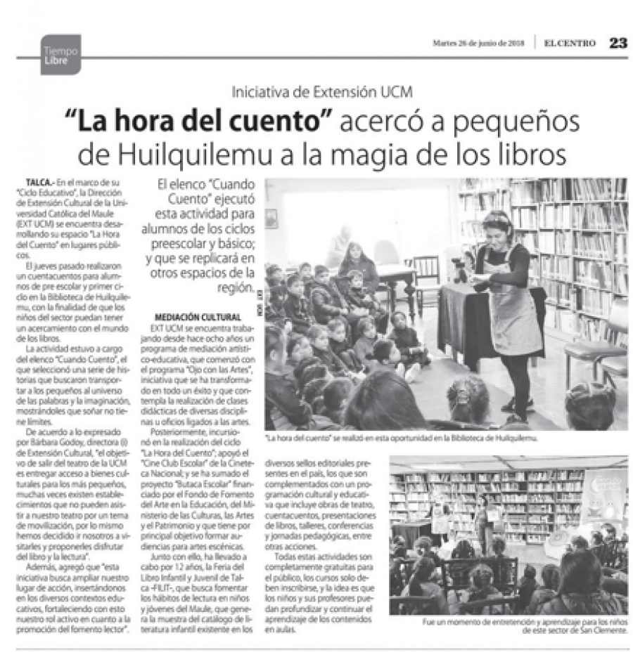 26 de junio en Diario El Centro: “”La hora del cuento” acercó a pequeños de Huilquilemu a la magia de los libros”