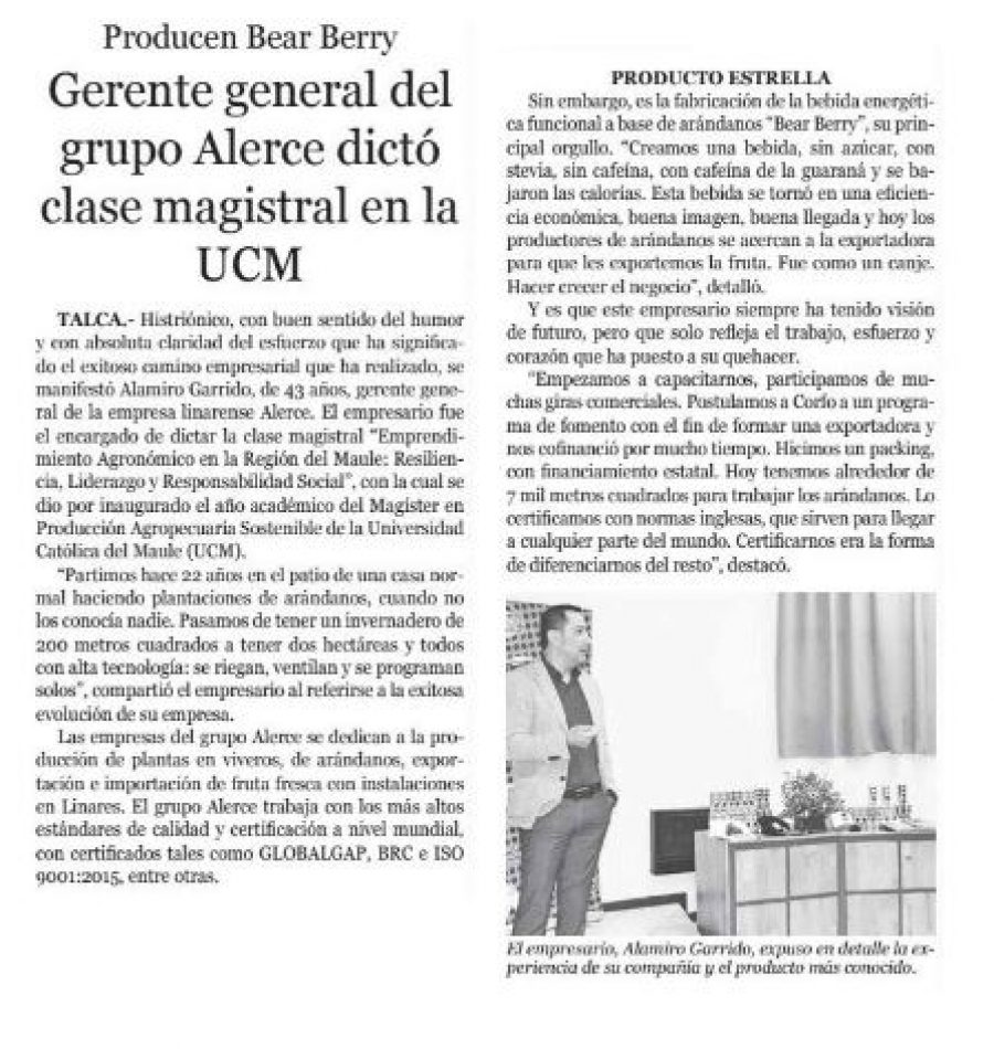 27 de mayo en Diario El Centro: “Gerente general del grupo Alerce dictó clase magistral en la UCM”