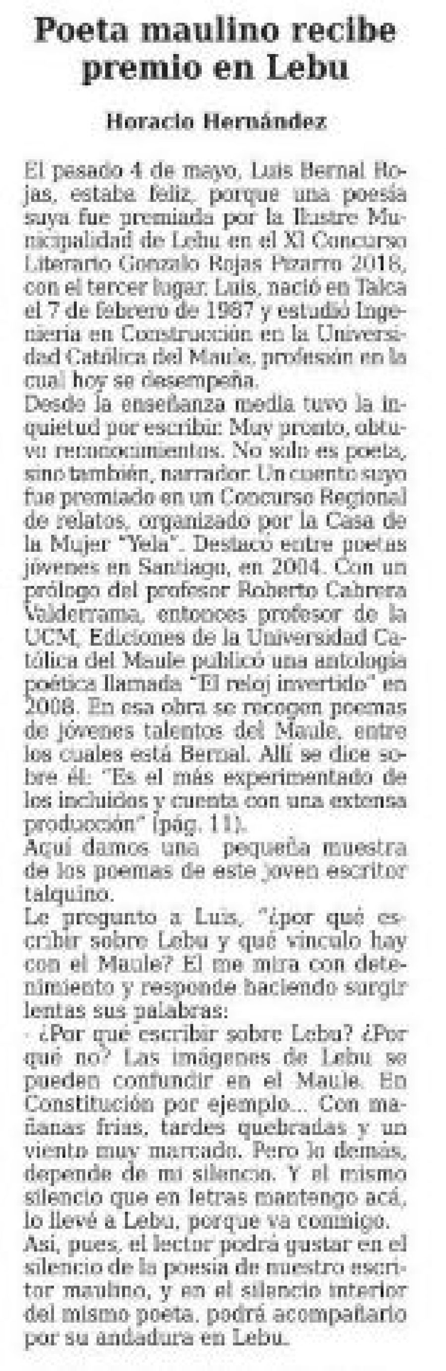27 de mayo en Diario El Centro: “Poeta maulino recibe premio en Lebu”