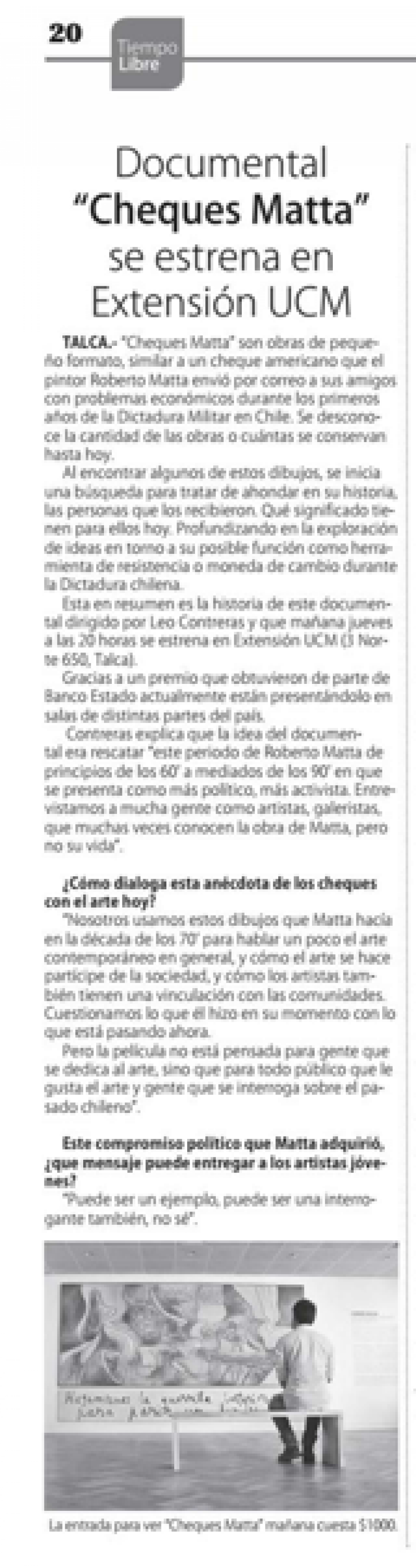 27 de junio en Diario El Centro: “Documental “Cheques Matta” se estrena en Extensión UCM”