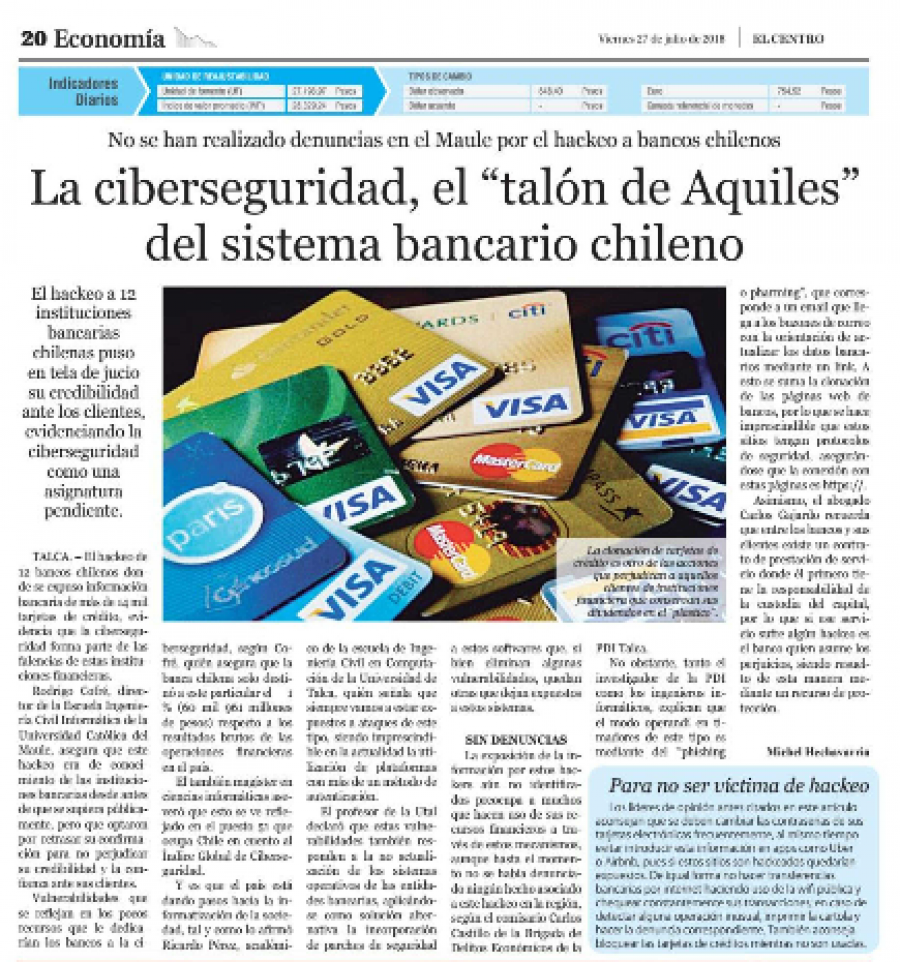 27 de julio en Diario El Centro: “La ciberseguridad, el “talón de Aquiles” del sistema bancario chileno”