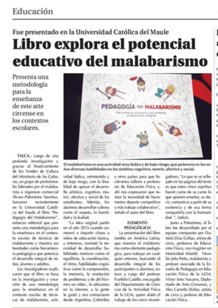 28 de julio en Diario El Centro: “Libro explora el potencial educativo del malabarismo”