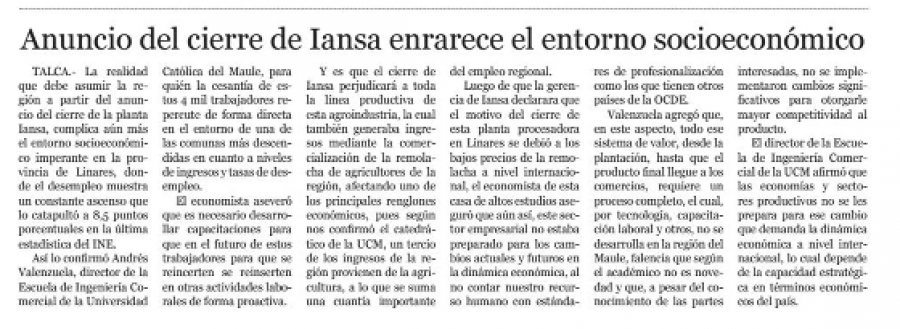28 de julio en Diario El Centro: “Anuncio del cierre de Iansa enrarece el entorno socioeconómico”