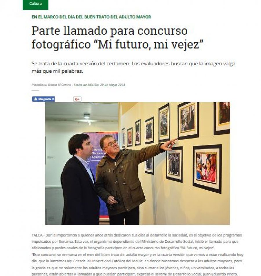 29 de mayo en Diario El Centro: “Parte llamado para concurso fotográfico “Mi futuro, mi vejez”