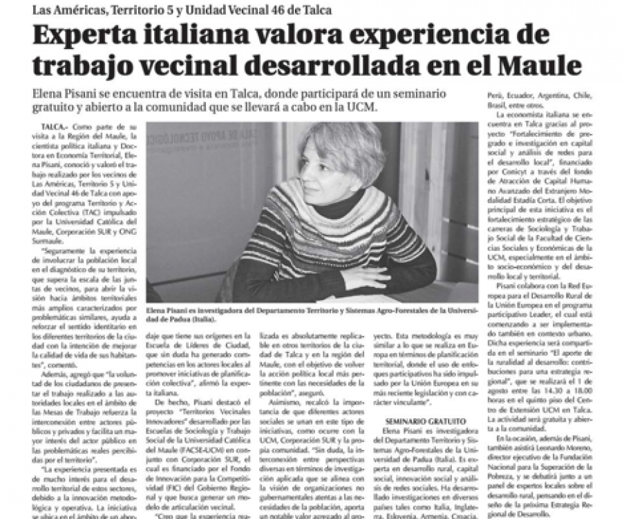 29 de julio en Diario El Centro: “Experta italiana valora experiencia de trabajo vecinal desarrollada en el Maule”