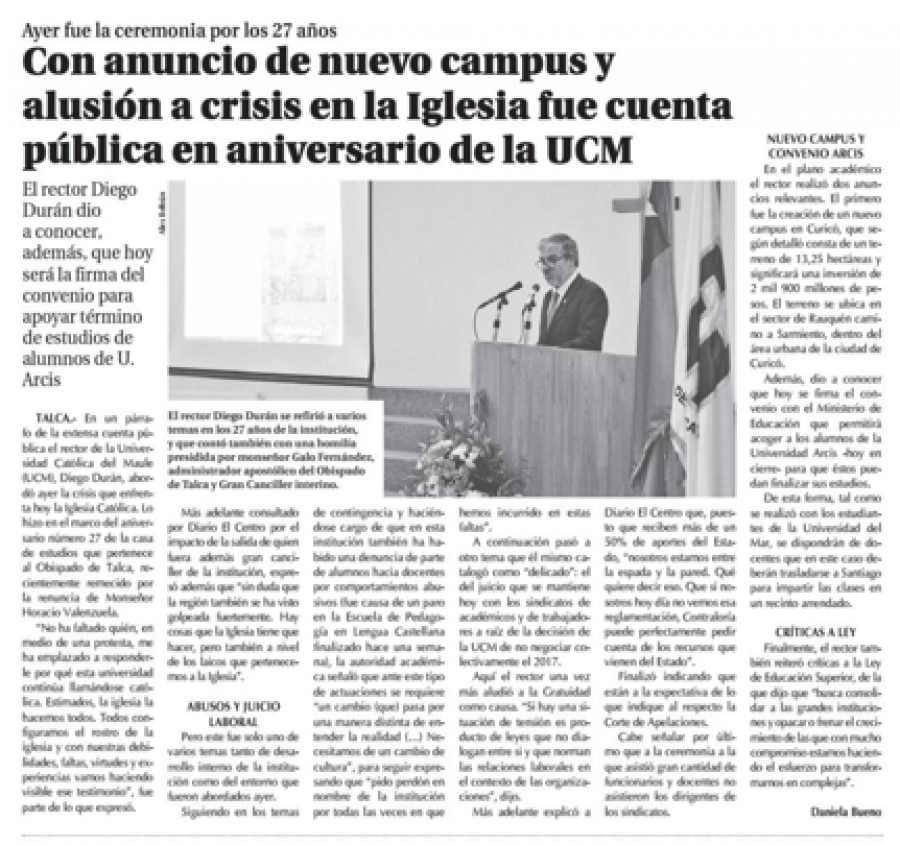29 de agosto en Diario El Centro: “Con anuncio de nuevo campus y alusión a crisis en la Iglesia fue cuenta pública en aniversario de la UCM”