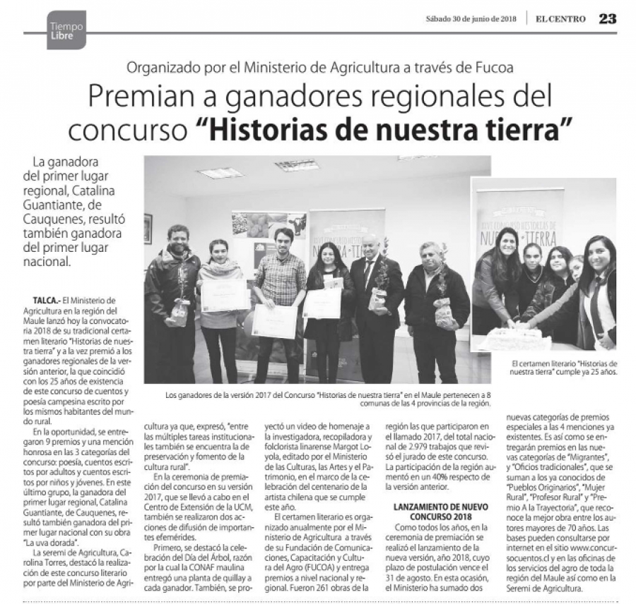 30 de junio en Diario El Centro: “Premian a ganadores regionales del concurso “Historias de nuestra tierra”