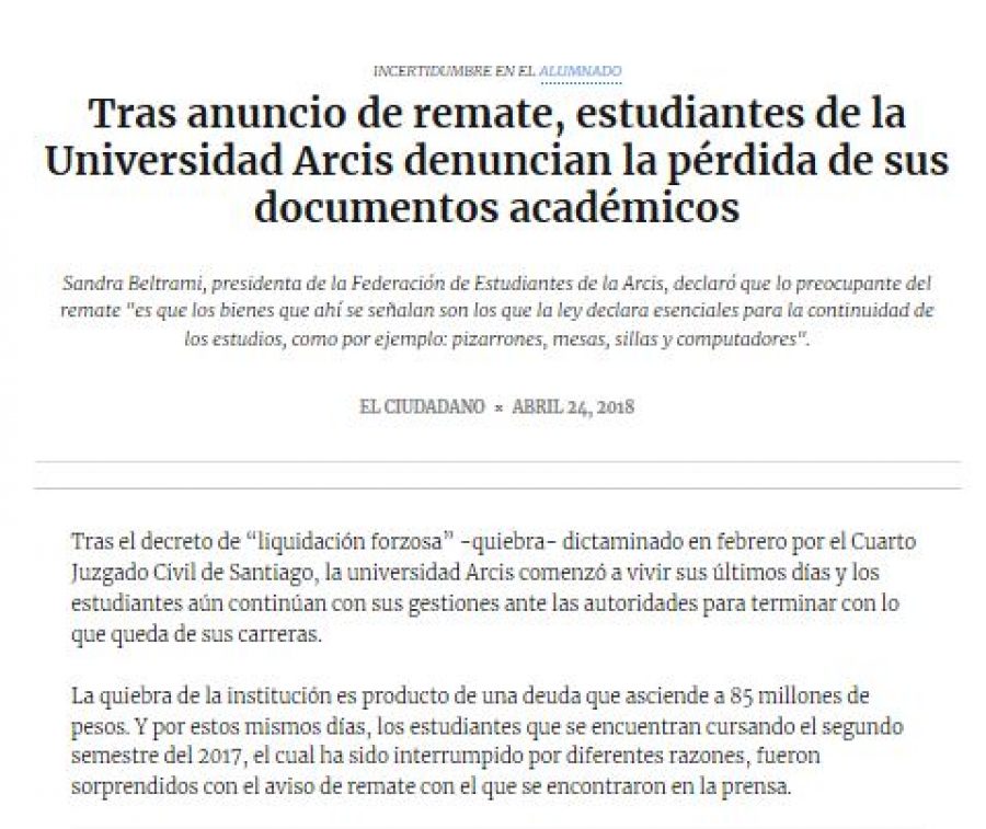 24 de abril en El Ciudadano: “Tras anuncio de remate, estudiantes de la Universidad Arcis denuncian la pérdida de sus documentos académicos”