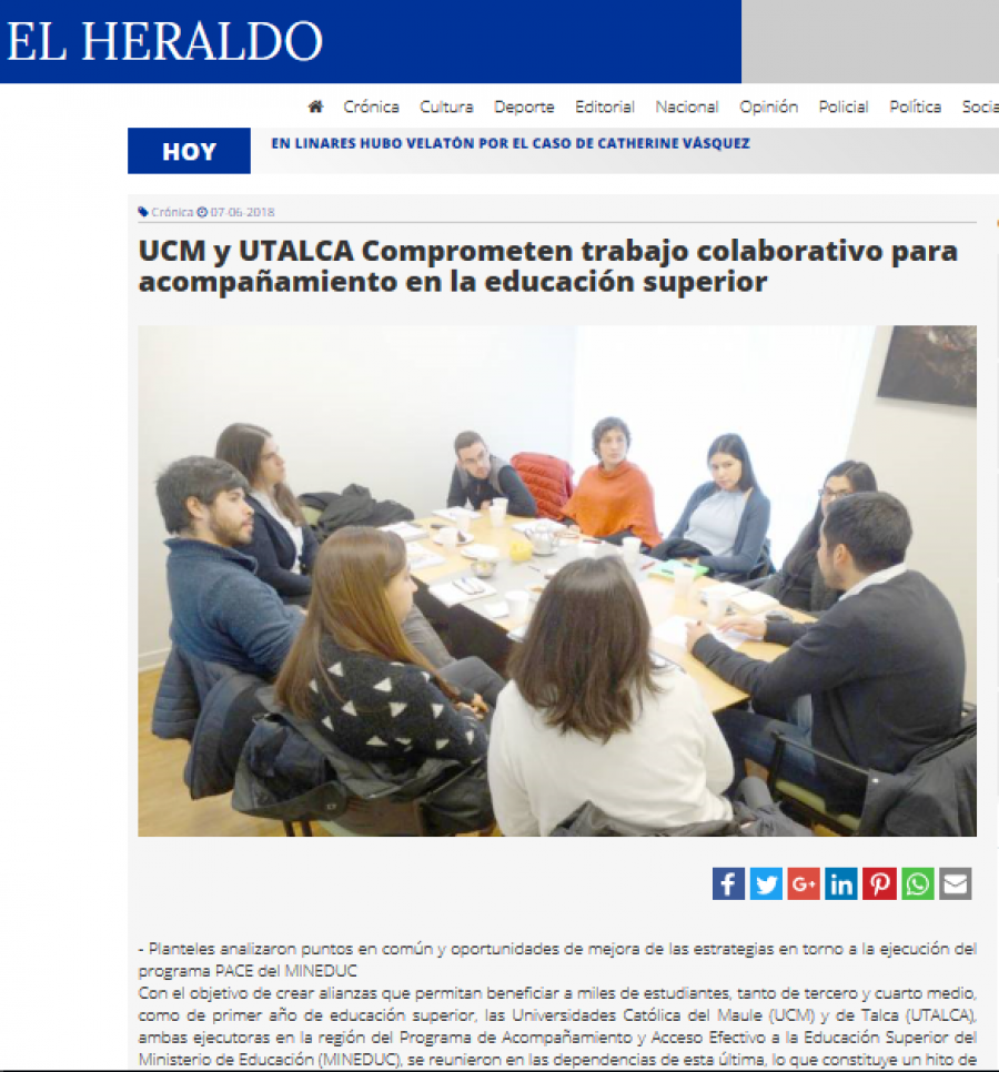 07 de junio en Diario El Heraldo: “UCM y UTALCA Comprometen trabajo colaborativo para acompañamiento en la educación superior”