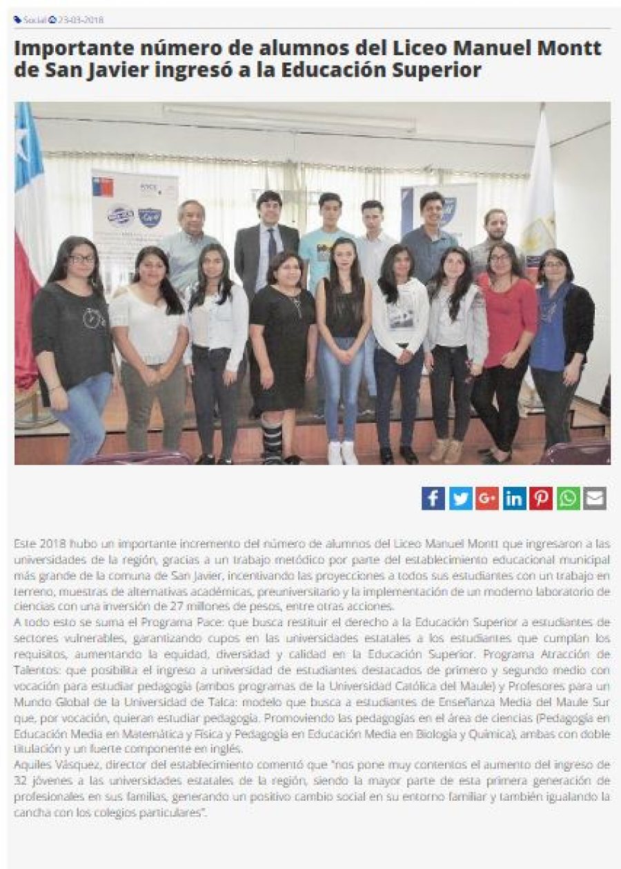 23 de marzo en Diario El Heraldo: “Importante número de alumnos del Liceo Manuel Montt de San Javier ingresó a la Educación Superior”