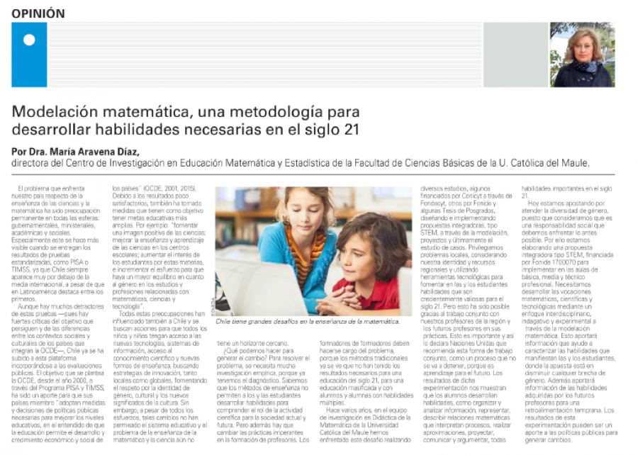 14 de junio en Diario El Mercurio: “Modelación matemática, una metodología para desarrollar habilidades necesarias en el siglo 21”
