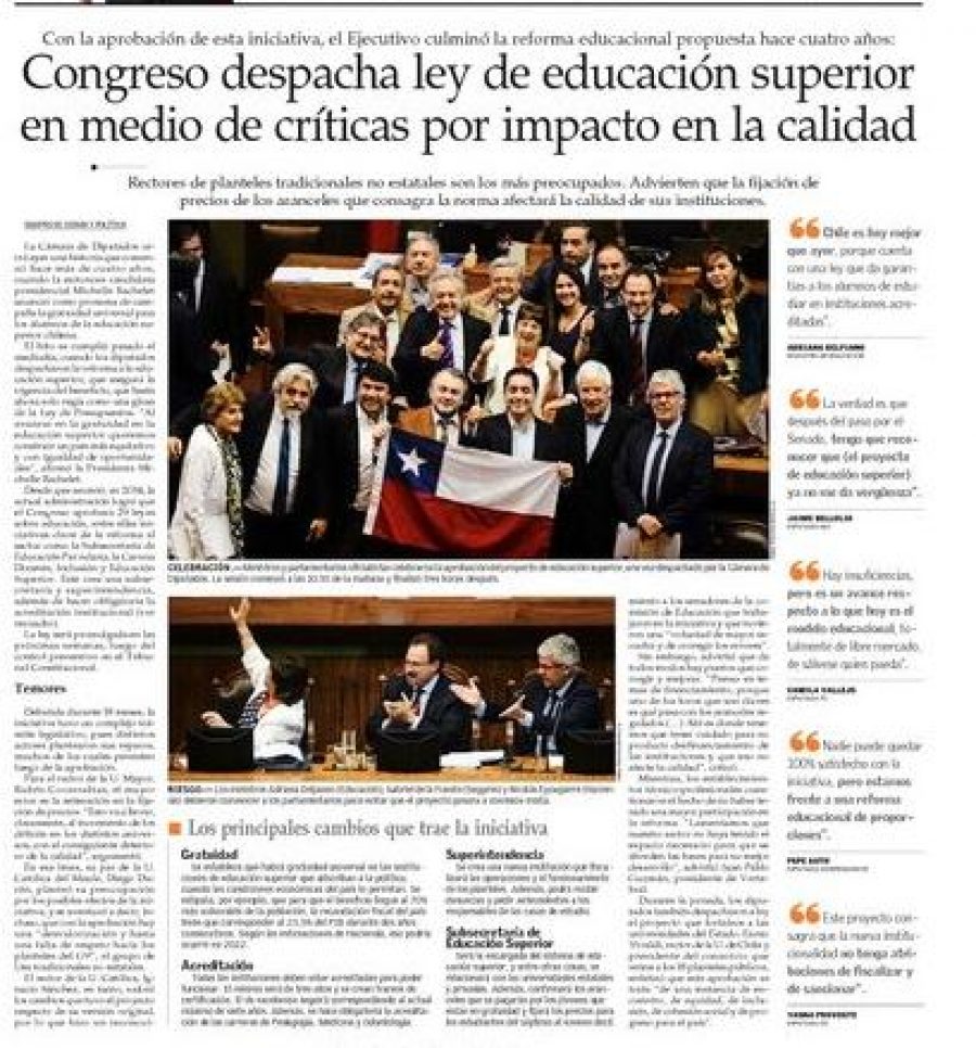25 de enero en Diario El Mercurio: “Congreso despacha Ley de Educación Superior en medio de críticas por impacto a la calidad”