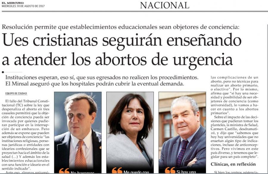 30 de agosto en Diario El Mercurio: “Ues cristianas seguirán enseñando a atender los abortos de urgencia”