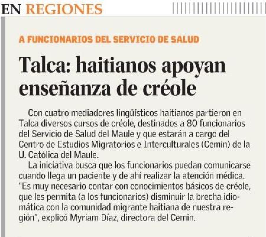 21 de marzo en Diario El Mercurio: “Talca: haitianos apoyan enseñanza de créole”