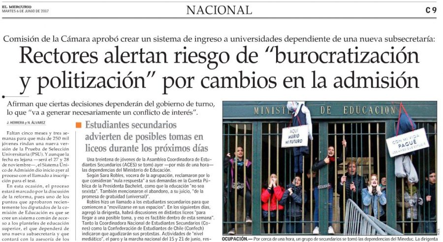 06 de junio en El Mercurio: “Rectores alertan riesgo de “burocratización y politización” por cambios en la admisión
