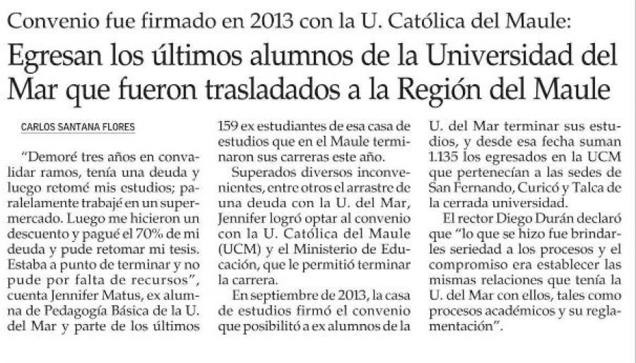 15 de julio en Diario El Mercurio: “Egresan los últimos alumnos de la Universidad del Mar que fueron trasladados a la Región del Maule”