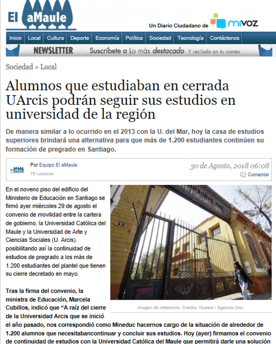 30 de agosto en ElAmaule: “Alumnos que estudiaban en cerrada UArcis podrán seguir sus estudios en universidad de la región”