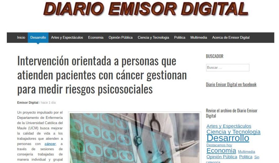 21 de mayo en Diario Emisor Digital: “Intervención orientada a personas que atienden pacientes con cáncer gestionan para medir riesgos psicosociales”