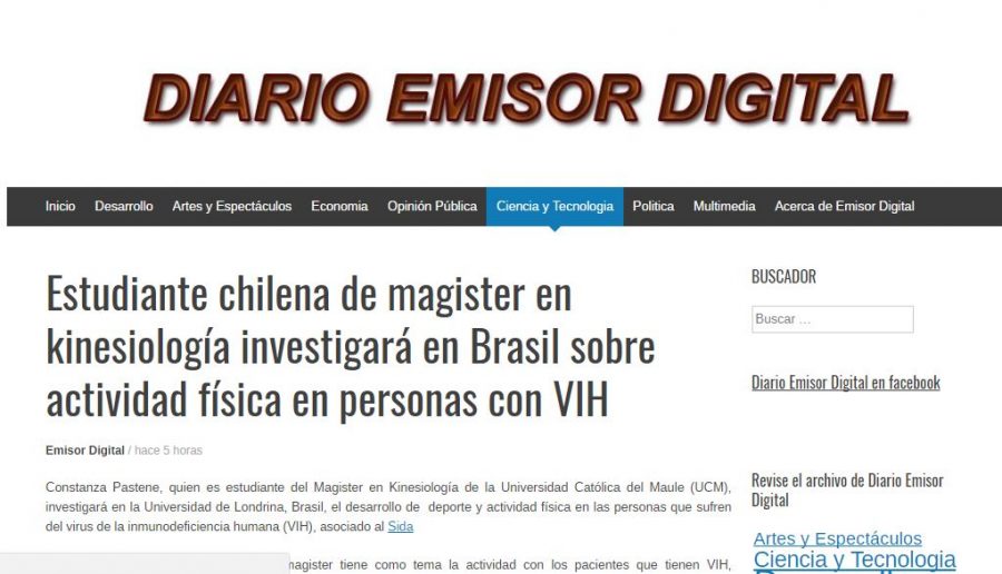 26 de mayo en Emisora Digital: “Estudiante chilena de magister en kinesiología investigará en Brasil sobre actividad física en personas con VIH”