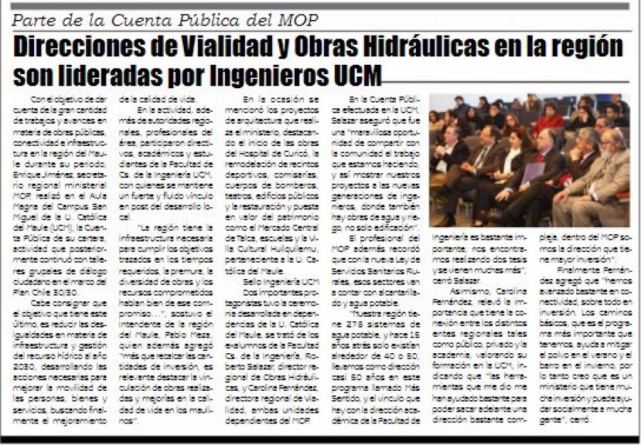 27 de abril en Diario El Lector: “Direcciones de Vialidad y Obras Hidráulicas en la región son lideradas por ingenieros UCM”