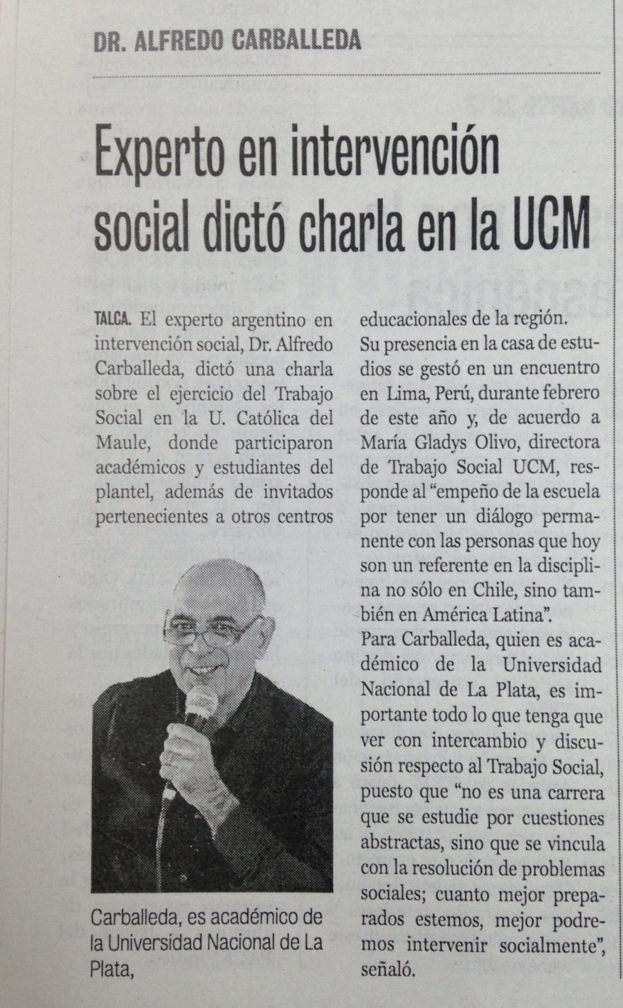 11 de abril en Diario La Prensa: “Experto en intervención social dictó charla en la UCM”