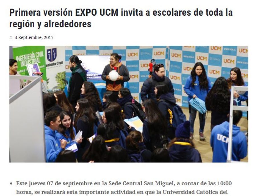 04 de septiembre en Universia: “Primera versión EXPO UCM invita a escolares de toda la región y alrededores”