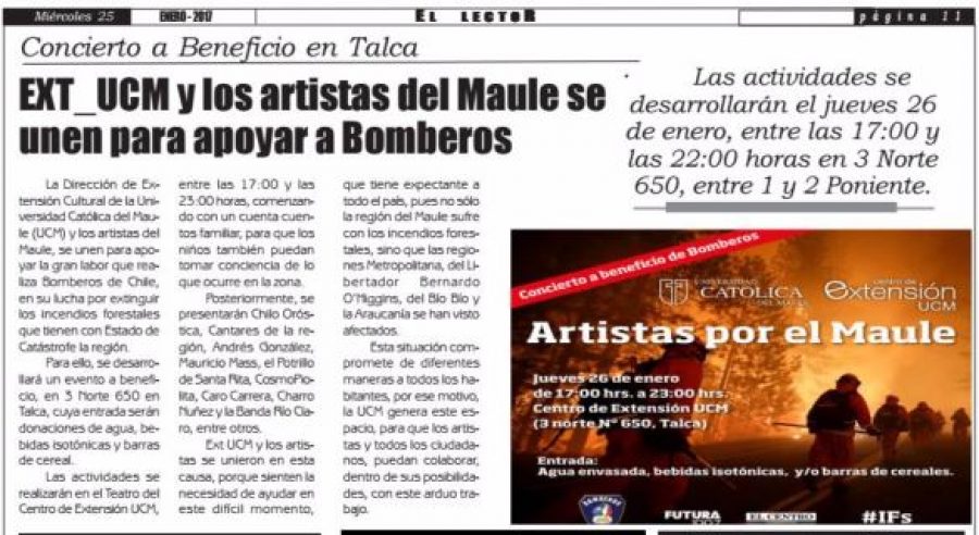 25 de enero de 2017 en Diario El Lector: “EXT_UCM y los artistas del Maule se unen para apoyar a Bomberos”