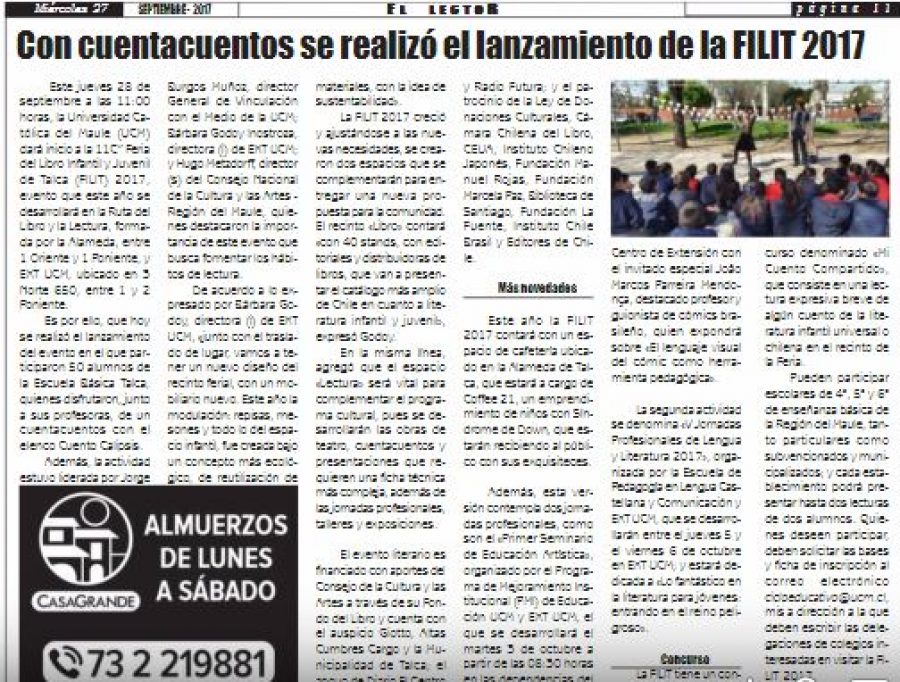 27 de septiembre en Diario El Lector: “Con cuentacuentos se realizó el lanzamiento de la FILIT 2017”