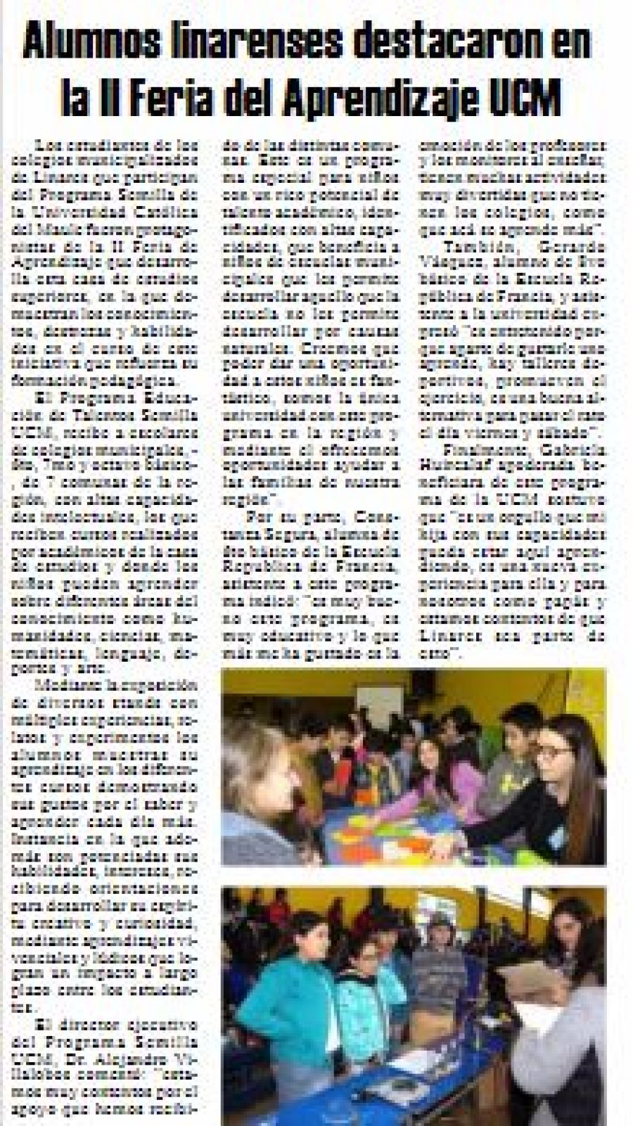 11 de julio en Diario El Heraldo: “Alumnos linarenses destacaron en la II Feria del Aprendizaje UCM”