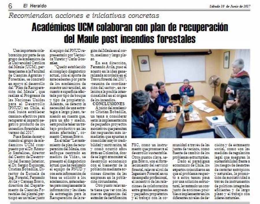 10 de junio en Diario El Heraldo: “Académicos UCM colaboran con plan de recuperación del Maule post incendios forestales”