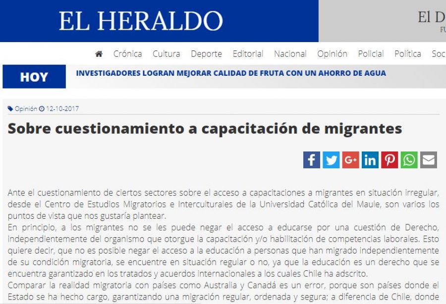 12 de octubre en Diario El Heraldo: “Sobre cuestionamiento a capacitación de migrantes”