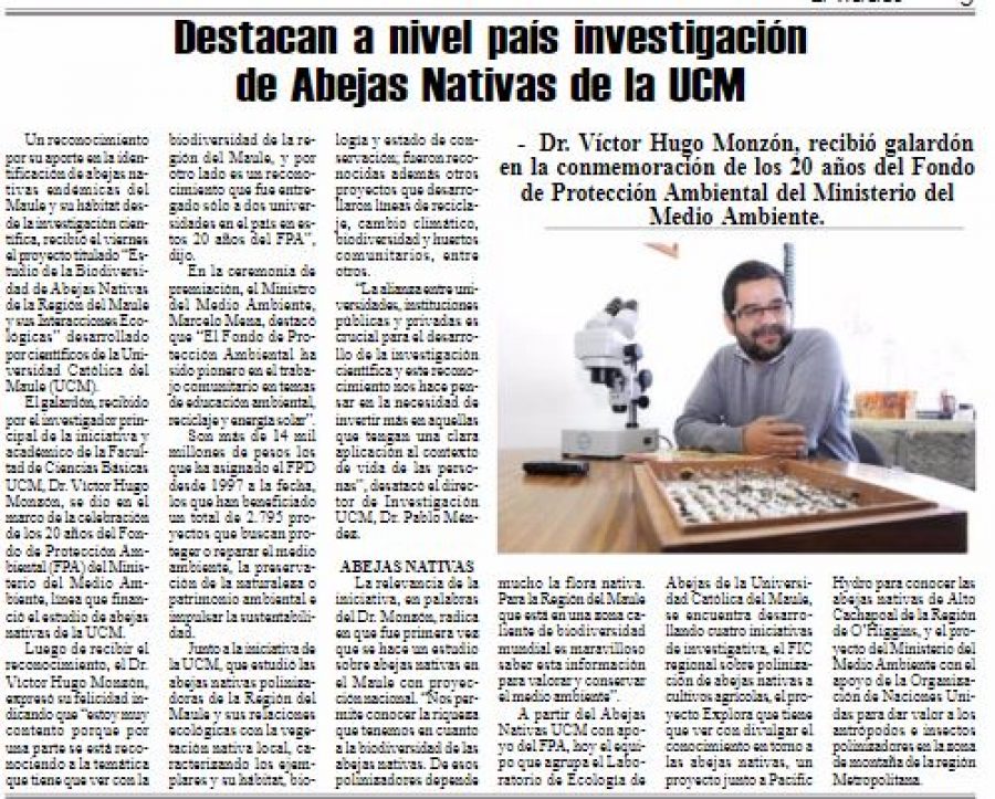 24 de octubre en Diario El Heraldo: “Destacan a nivel país investigación de Abejas Nativas de la UCM”