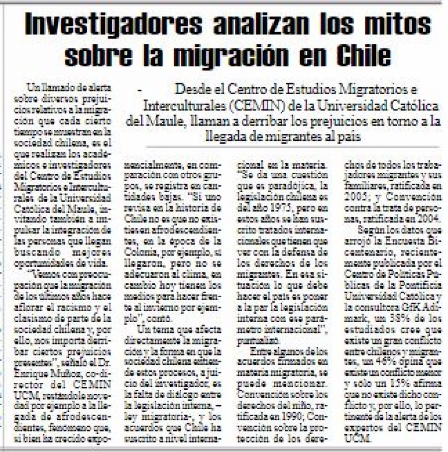 25 de octubre en Diario El Heraldo: “Investigadores analizan los mitos sobre la migración en Chile”