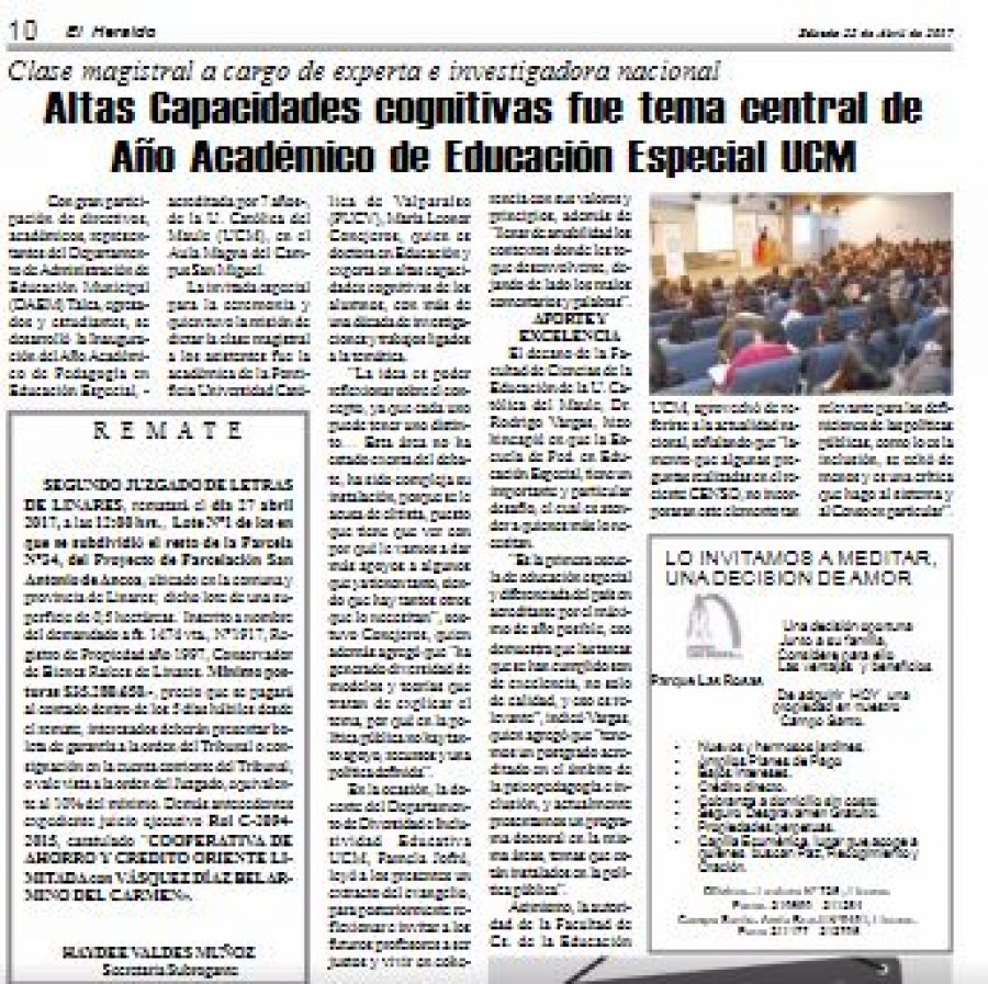 22 de abril en Diario El Heraldo: “Altas capacidades cognitivas fue tema central de Año Académico de Educación Especial UCM”