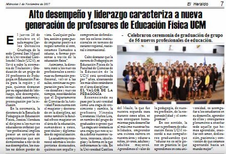 01 de noviembre en Diario El Heraldo: “Alto desempeño y liderazgo caracteriza a nueva generación de profesores de Educación Física UCM”